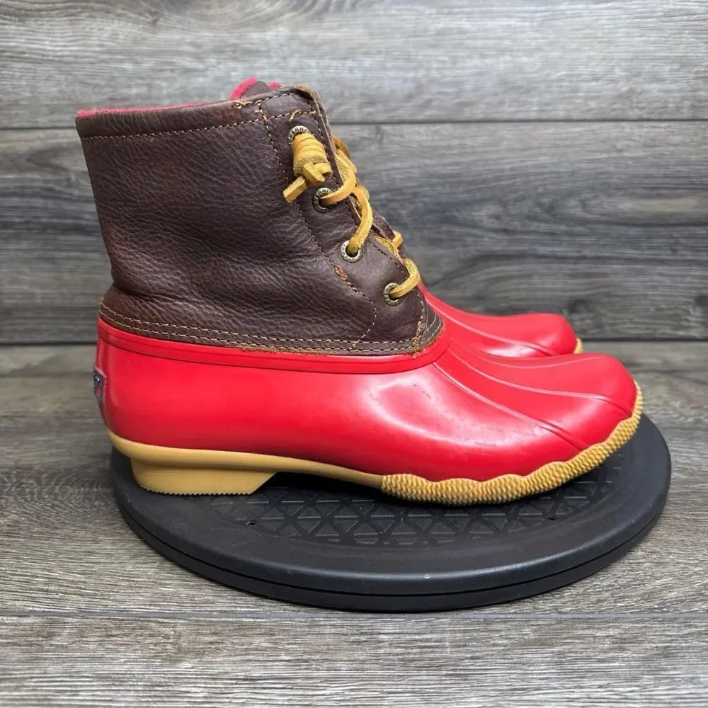 Sperry Top-Sider Saltwater Rain Boots Leather Rubber Women's Size 7.5 Red Brown - Picture 1 of 10